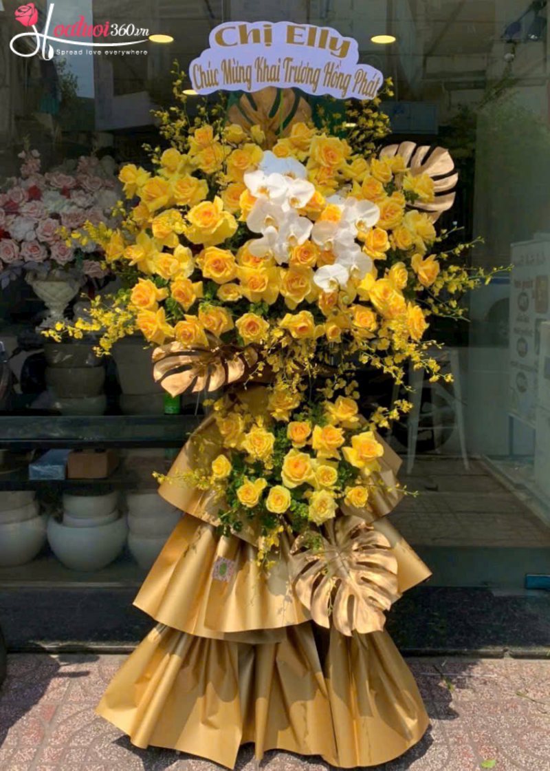 Kệ hoa hồng vàng mừng khai trương