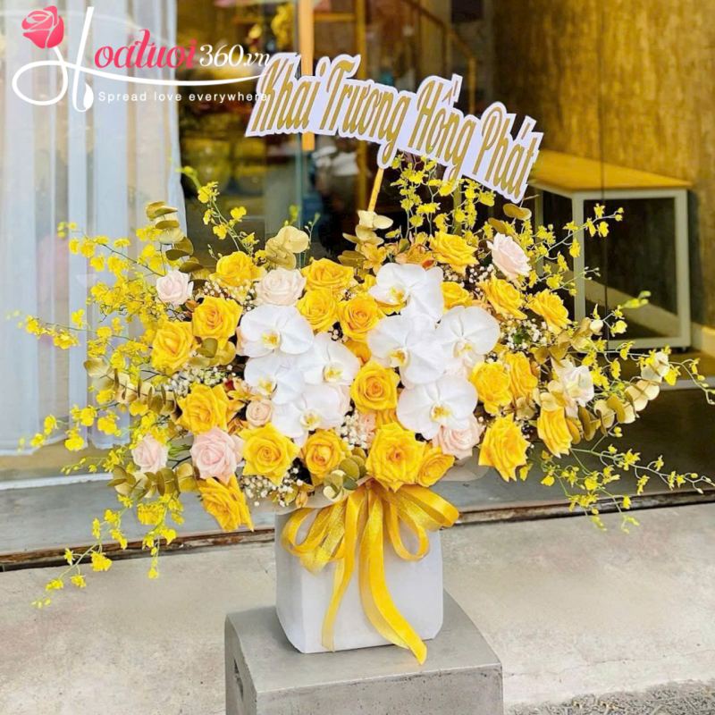 Lẵng hoa khai trương tone vàng Vũ Khúc Vàng
