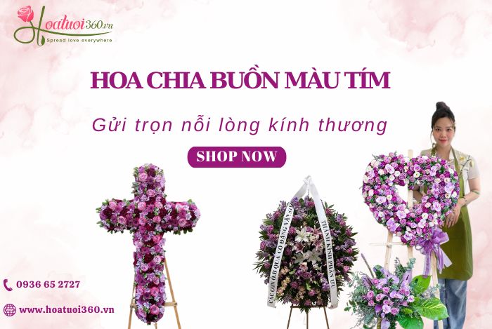 Hoa tuoi 360 - Cửa hàng hoa tươi chia buồn tang lễ màu tím đẹp, uy tín chất lượng