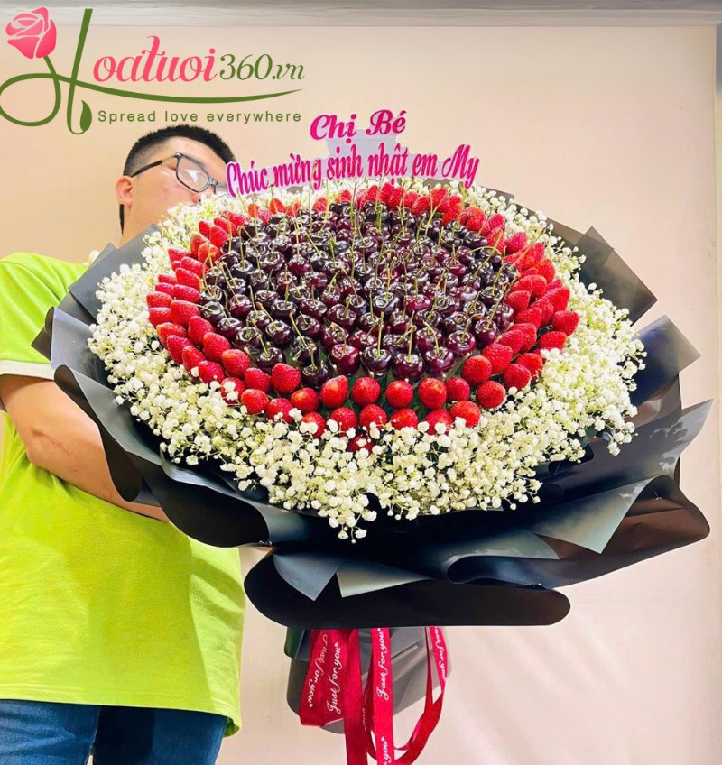 Bó hoa mix nhiều loại trái cây nhiệt đới và trẻon, đầy màu sắc