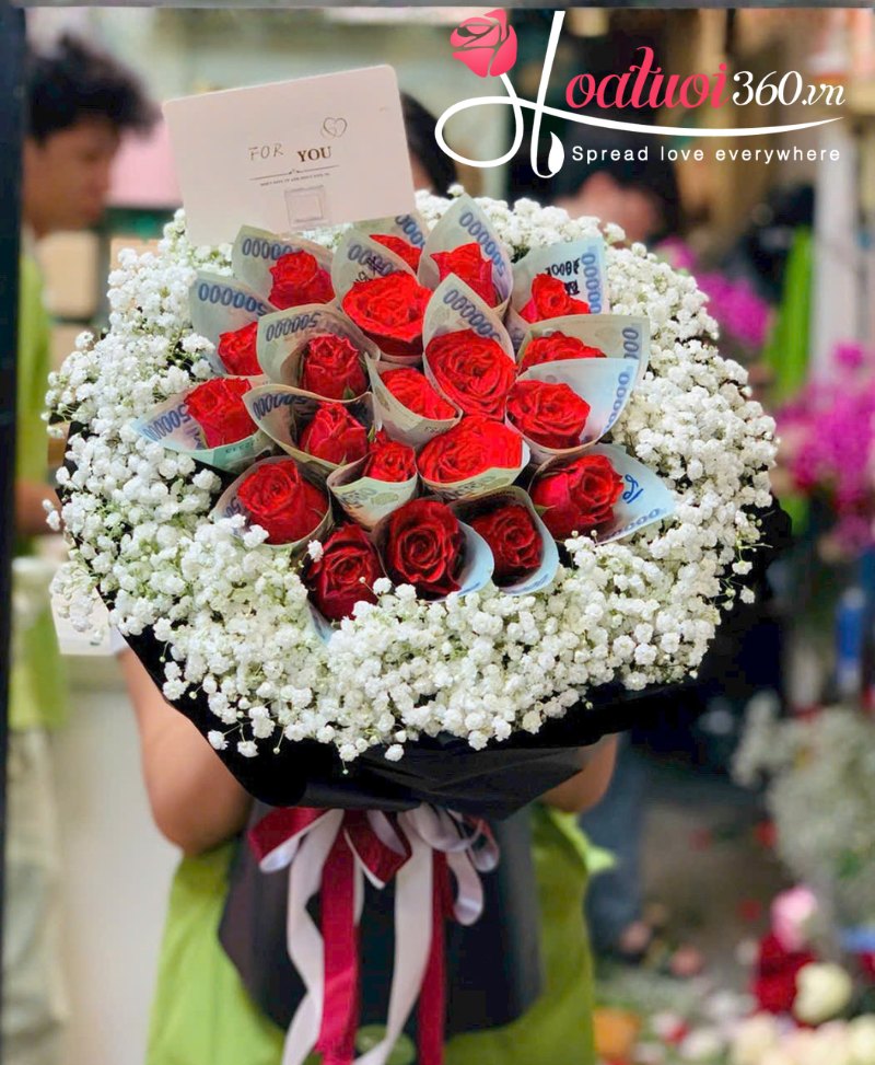 Kiểu hoa tiền bó dài mix hoa hồng đỏ