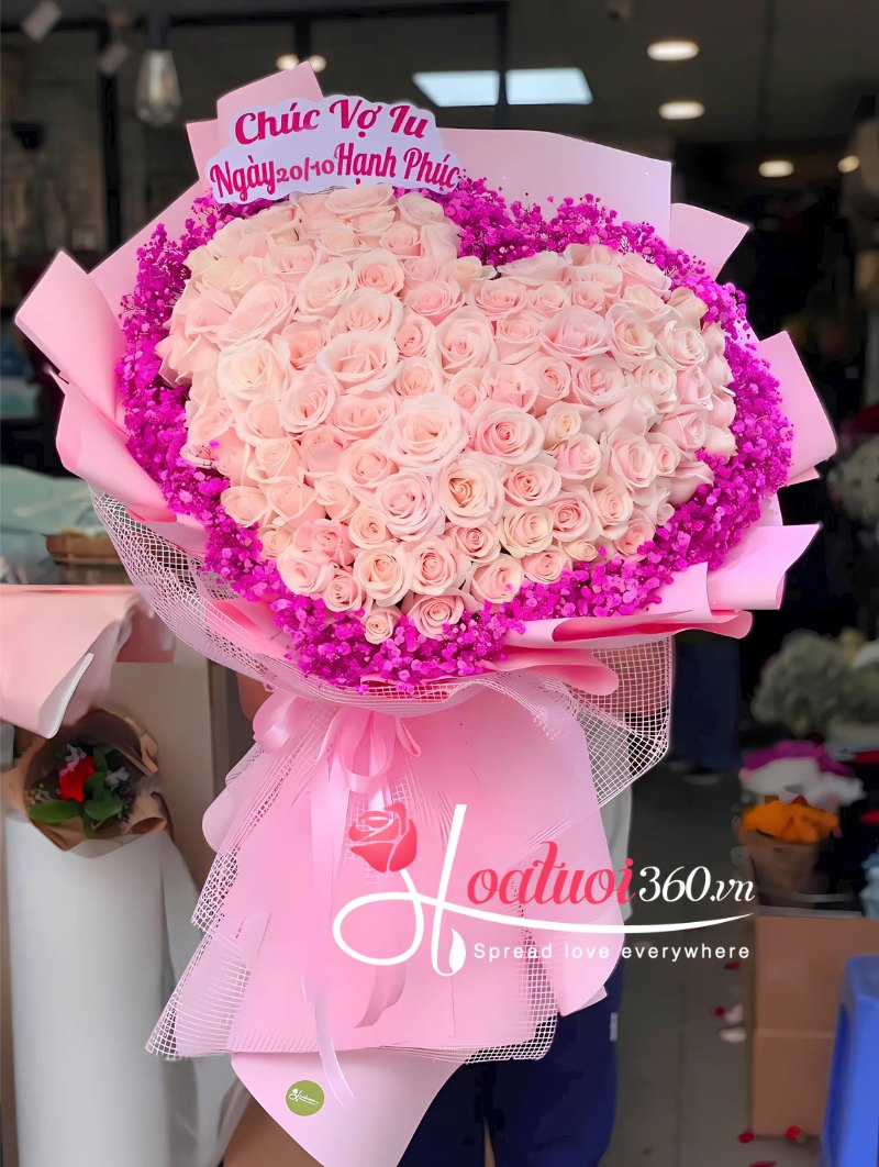 Bó hoa hồng phấn trái tim tặng sinh nhật người yêu