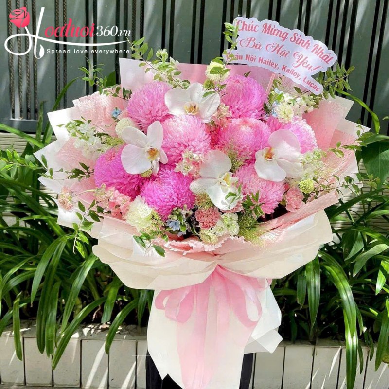 Bó cúc mẫu đơn mix lan mokara