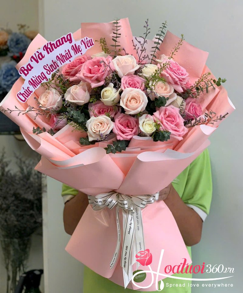 Bó hồng pastel dáng tròn