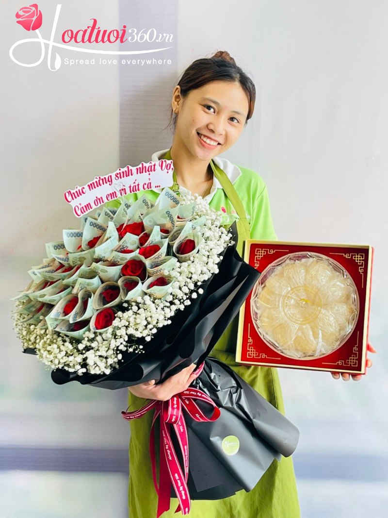 Combo bó hoa tiền và yến sào chúc mừng