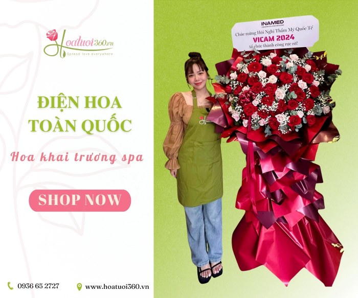Đặt hoa mừng khai trương spa tone đỏ rực rỡ tại Hoa Tươi 360