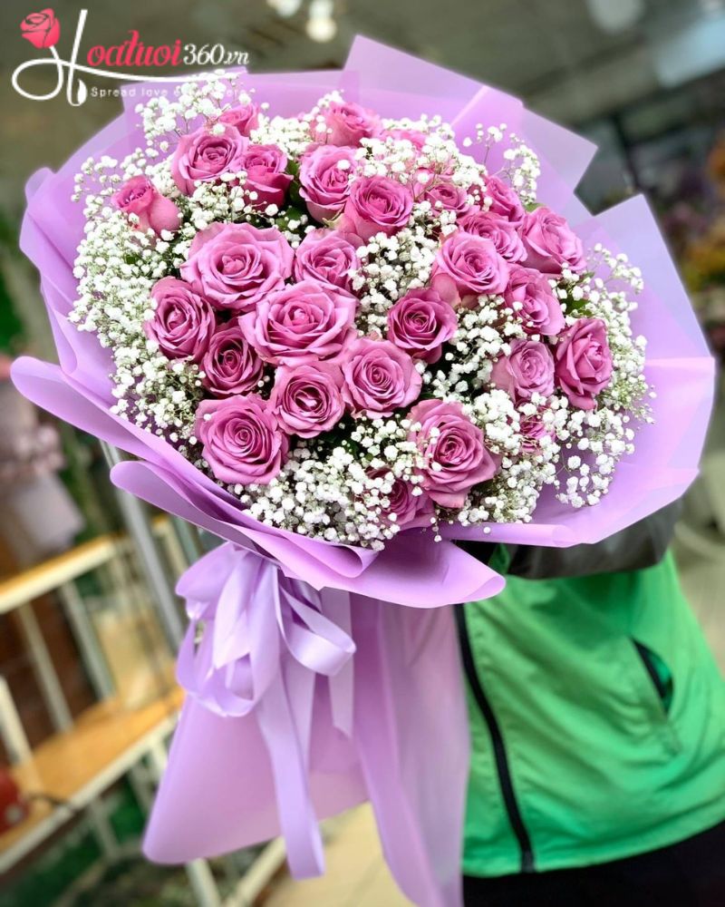 Bó hoa hồng tím mix baby trắng