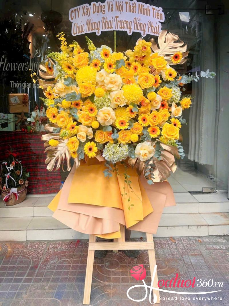 Kệ hoa cúc mẫu đơn khai trương tone vàng