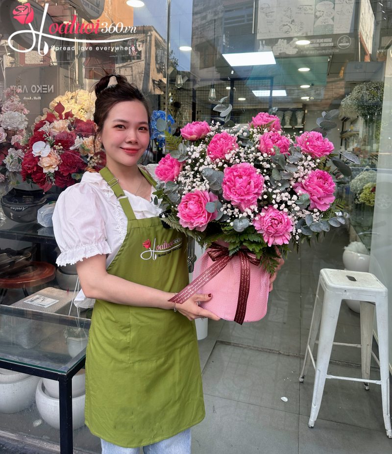 Lẵng hoa mẫu đơn hồng tình yêu