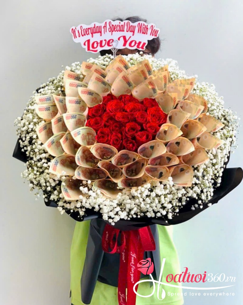 Hoa tiền kết hợp hoa tươi chúc mừng tốt nghiệp