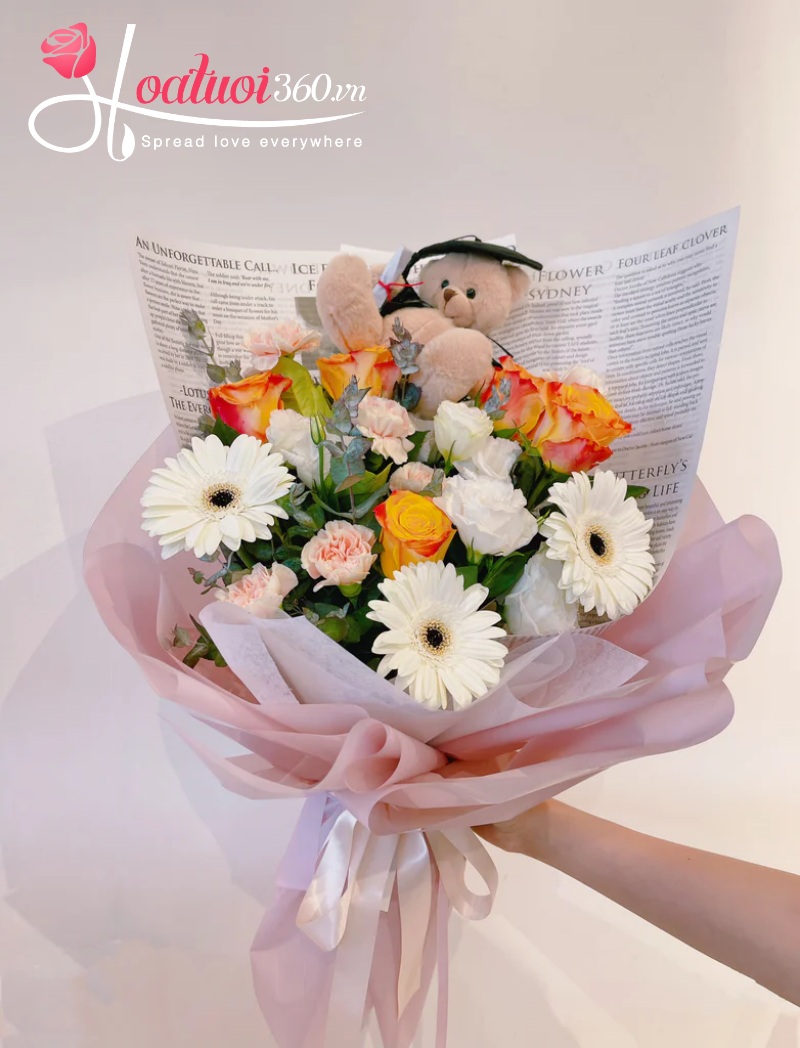 Bó hoa tốt nghiệp kết hợp hoa tươi và gấu bông