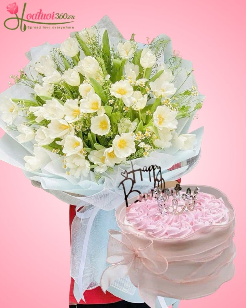combo bánh kem sinh nhật và hoa tulip