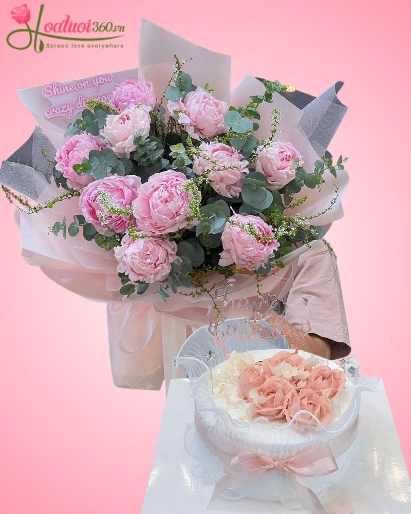 combo bánh kem sinh nhật và hoa mẫu đơn
