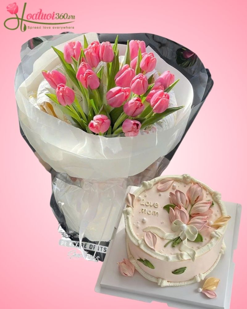 bánh kem và hoa tulip tặng sinh nhật