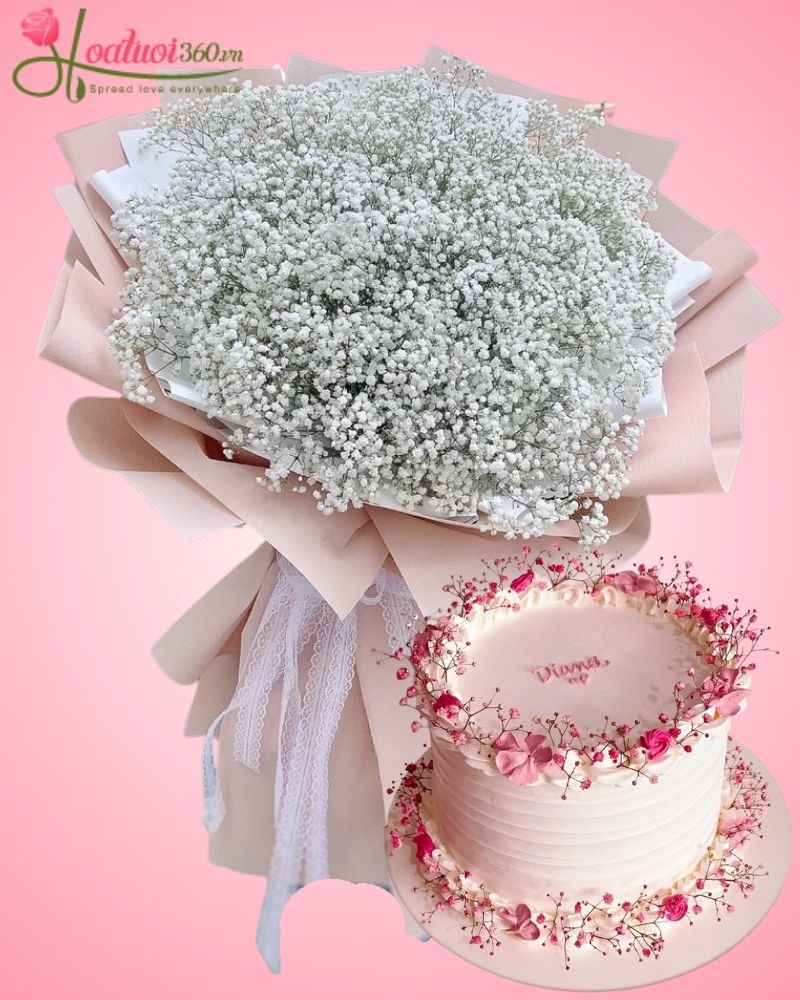 bánh kem sinh nhật và hoa baby trắng
