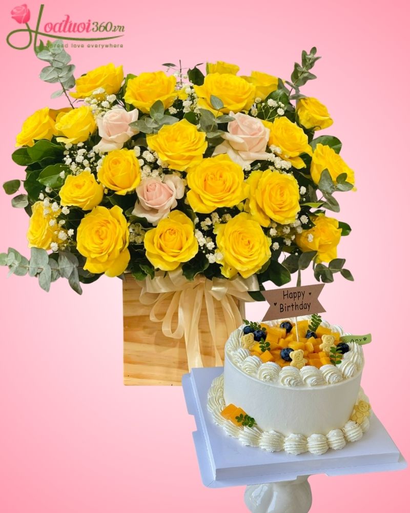 Combo lẵng hoa hồng và bánh sinh nhật đẹp