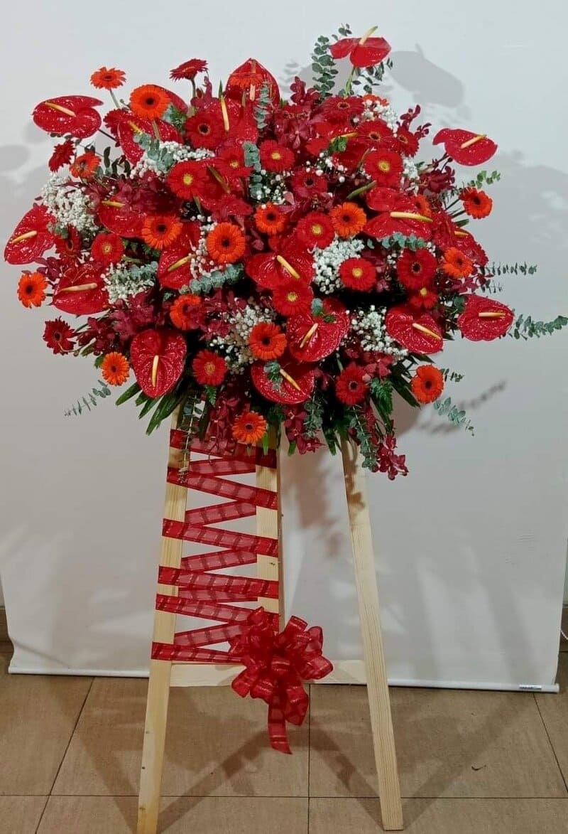 Kệ hoa khai trương hồng môn đỏ mix màu hiện đại, ấn tượng